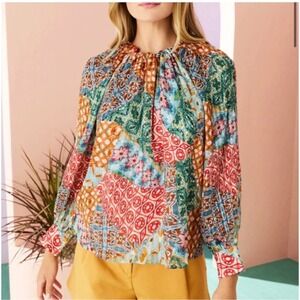 Marie Oliver Patchwork Print Silk Viscose Tie Neck Long Sleeve Blouse Top Size L